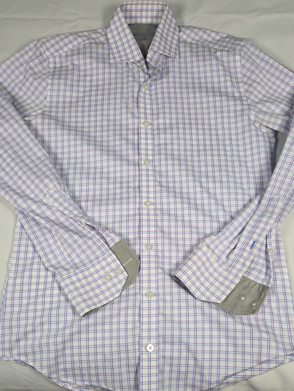 Men's White Dress Shirt with Purple Check Pattern